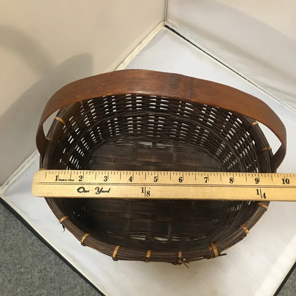 Woven Bamboo Basket Home Decor Brown Oval Footed Handle 9.5in Rustic Bohemian